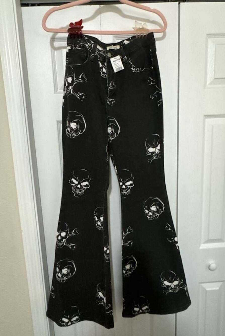 Machine Washed Black and White Skull Print Flare Jeans